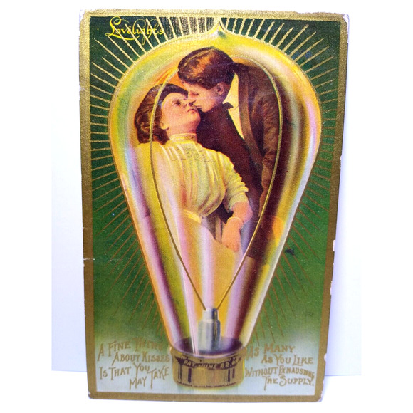 Victorian Couple Inside Light Bulb Fantasy Postcard Kissing Lovelights 1912 - Picture 2 of 3